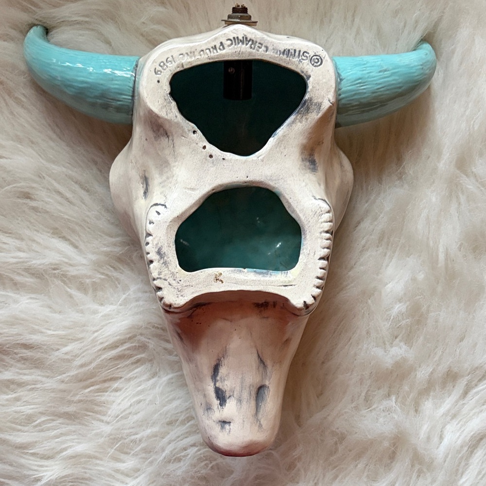 Decorative Bull Skull with Teal Horns
